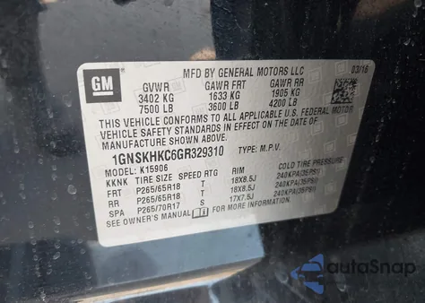 2016 Chevrolet Suburban Lt from USA, damaged, VIN 1GNSKHKC6GR329310